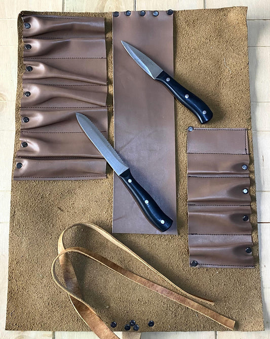 12 Slots, knife roll, synthetic leather , Belt Genuine Leather, 100% Hand made , brown Beige colour tan belt colour 53cmX39cm