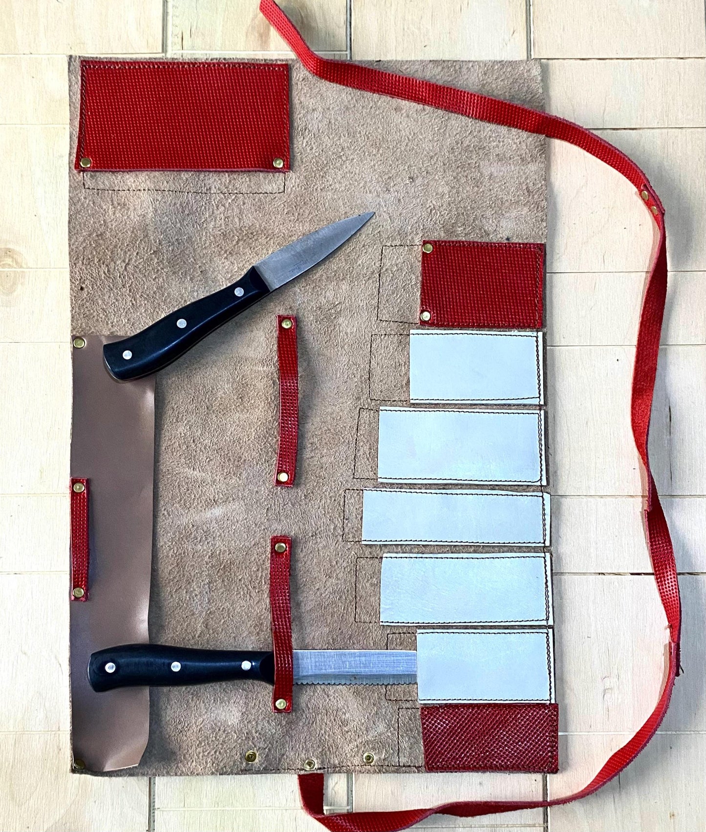 Knife Roll, 8 Slots Chef bag, Cow Genuine Leather Knives Roll, Tools Chefs Gift Kitchen Supply, Strong,Mixed Beige Red Colour Size 32cmX48cm