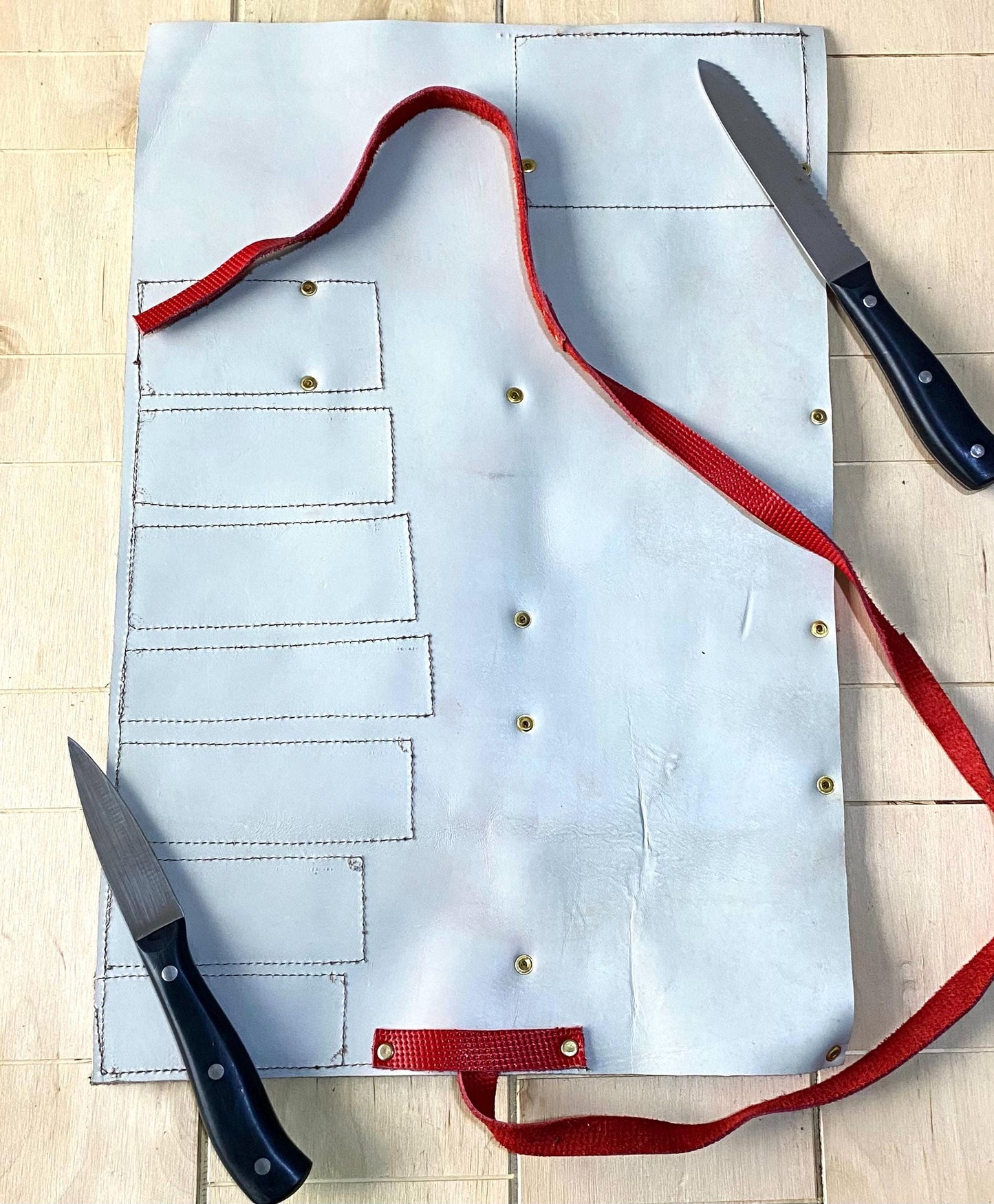 Knife Roll, 8 Slots Chef bag, Cow Genuine Leather Knives Roll, Tools Chefs Gift Kitchen Supply, Strong,Mixed Beige Red Colour Size 32cmX48cm