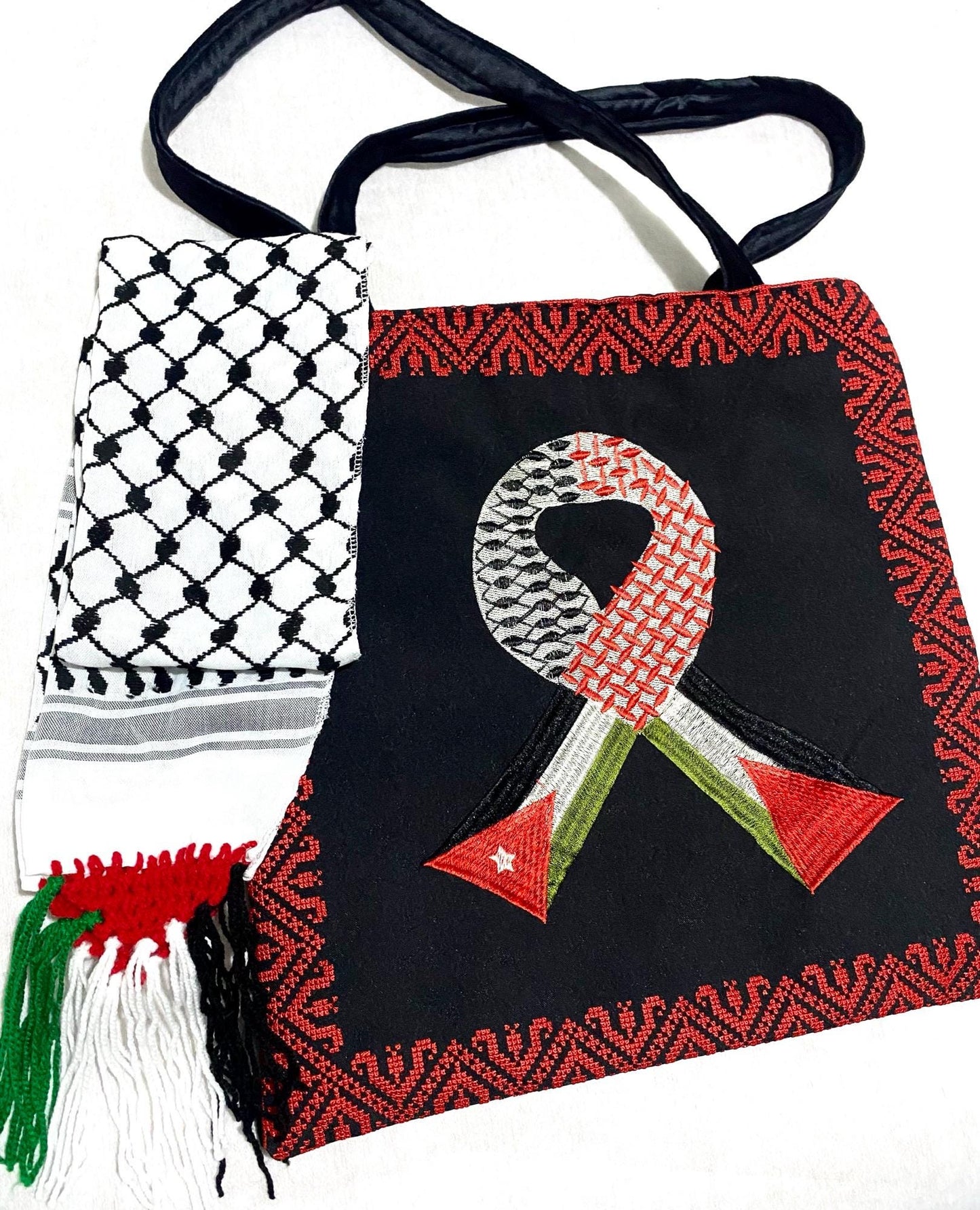 Palestine Jordan Flag Tote Bag, Keffiyeh Scarf, Embroidery Tatreez Shoulder Bag, Vintage Unique Handmade Heavy Work multi-function Zipper