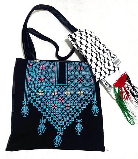 Blue Embroidery Palestine Tote Bag, Keffiyeh Scarf, Tatreez Shoulder Bag, Vintage Unique Handmade Heavy Work multi-function Zipper