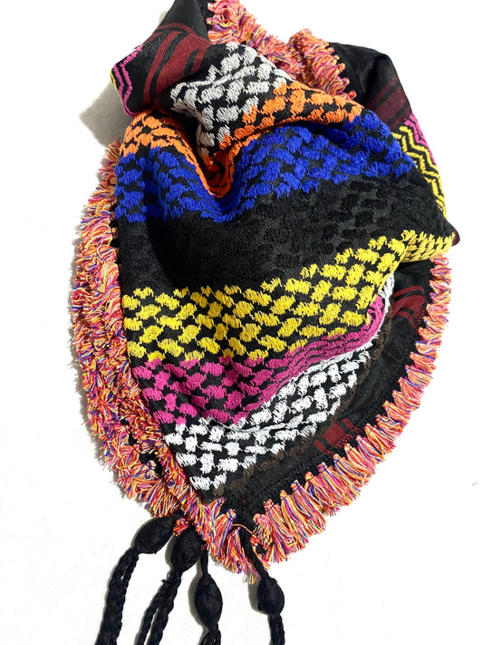 Scarf Rainbow Keffyeih Palestinian Tradition Headwear, Unique Vintage dress Hatta shemagh kofya Kuffyieh Unisex With tassels, Woven Stitch