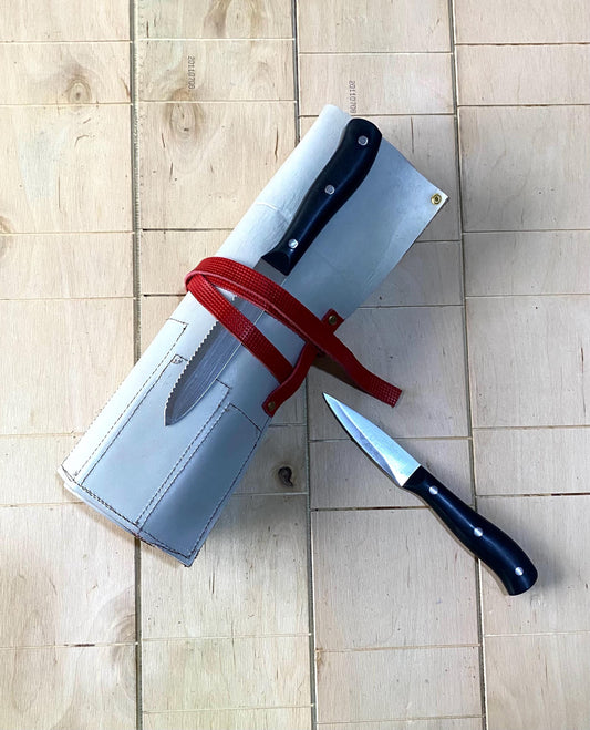 Knife Roll, 8 Slots Chef bag, Cow Genuine Leather Knives Roll, Tools Chefs Gift Kitchen Supply, Strong,Mixed Beige Red Colour Size 32cmX48cm