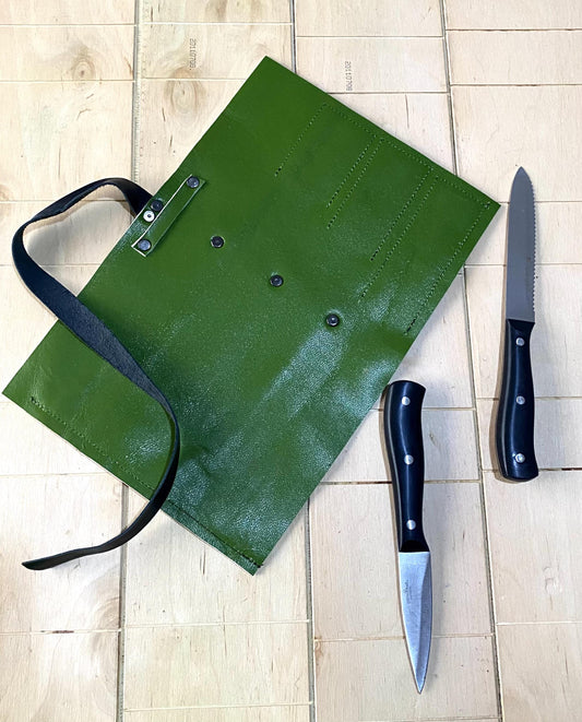 3 Slots Knife Roll, Handcrafted bag, Cow Genuine Leather Knives Roll, Tools Holder Chefs Gift Kitchen Supply Green Black Size-22cmX32cm