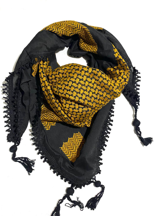 Keffiyeh Gold Unique Woven Scarf, Desert Bandana Kofya, Arab OldStyle Vintage dress, Hatta Shemagh Kuffyieh Scarf, Mixed Black colors