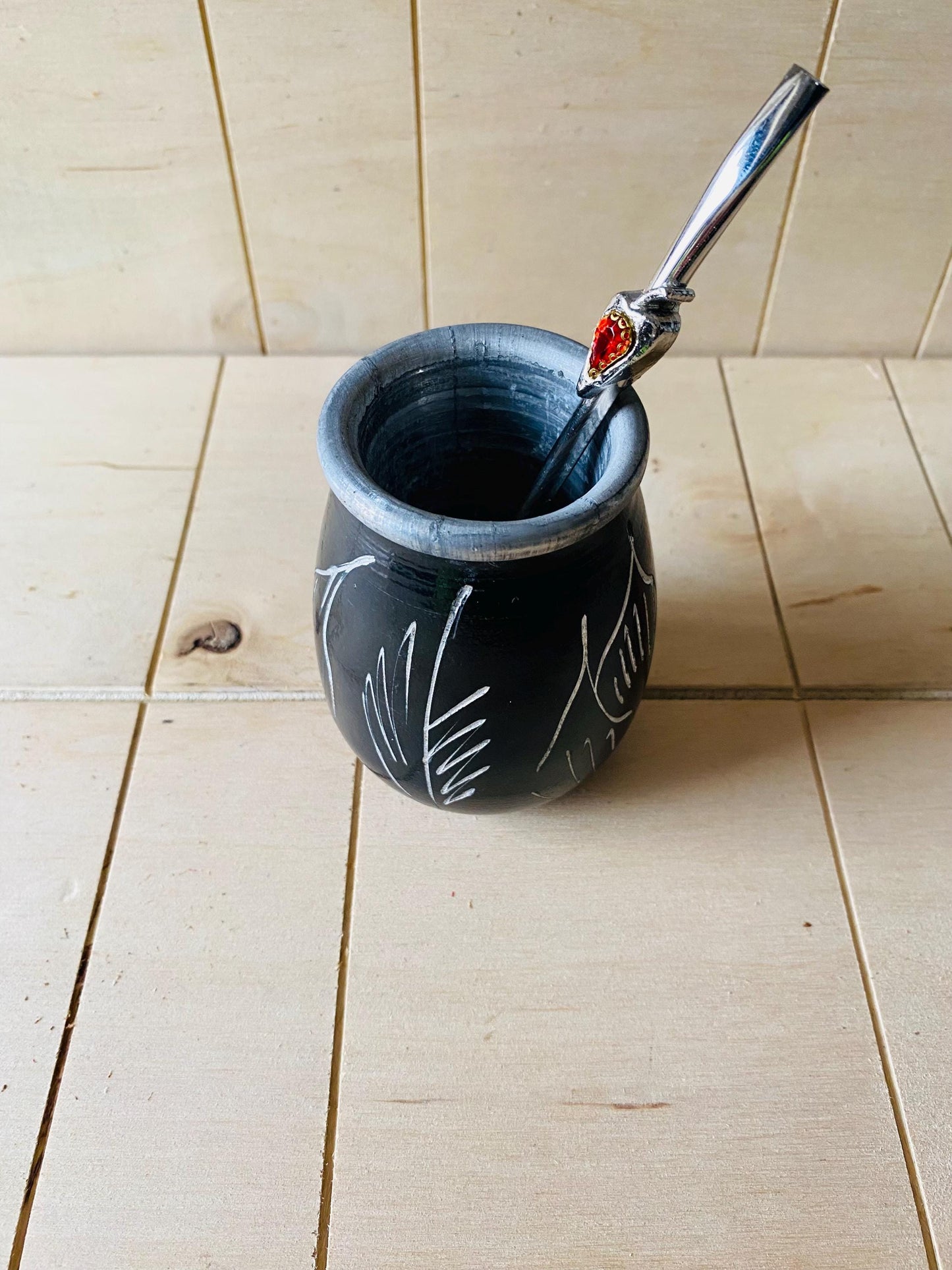 Mate Tea Silver Black cup, Unique Yerba Mate Cup +Straw, drinking places fountain, water, Filter Bombilla Straw handmade 50mL
