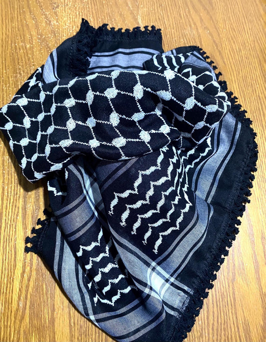 Unique Keffiyeh Scarf , Mult-use Cover, Headwear Vintage Dress Hatta Kofya Headwear Shemagh ,Unisex Face Mask Black Grey Mixed, White Thread