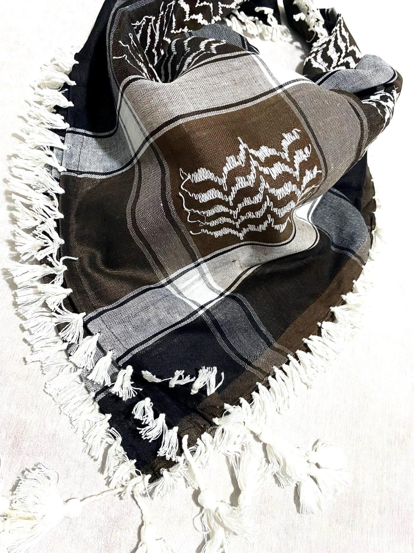 Unique Scarf, Arabian Sahara Bandana Kofya, India Style,Shwal Keffiyeh OldStyle Vintage dress, Hatta Headwear Mixed Brown Tan Black Colours