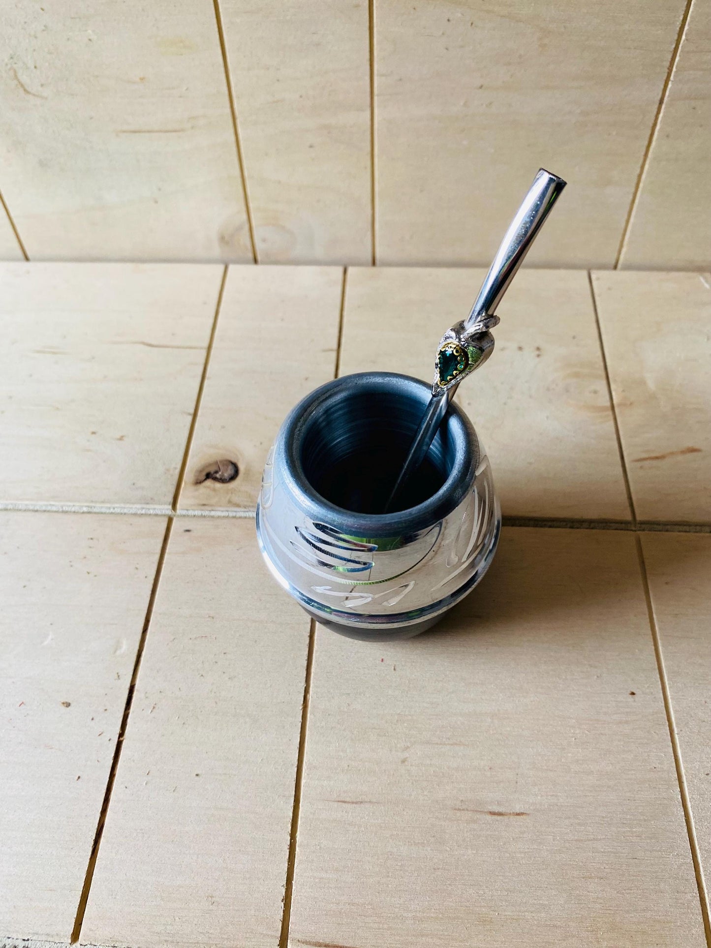 Mate Tea Silver Black cup, Unique Yerba Mate Cup +Straw, drinking places fountain, water carved Filter Bombilla Straw handmade 50mL