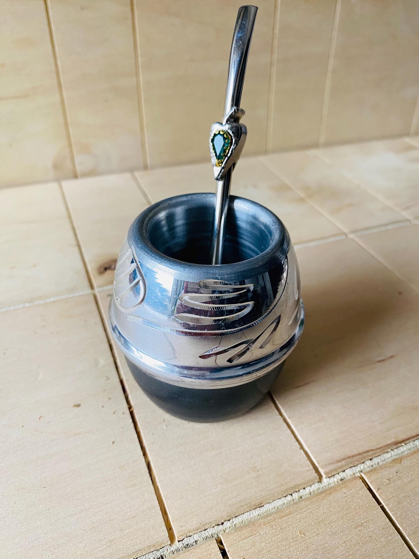 Mate Tea Silver Black cup, Unique Yerba Mate Cup +Straw, drinking places fountain, water carved Filter Bombilla Straw handmade 50mL