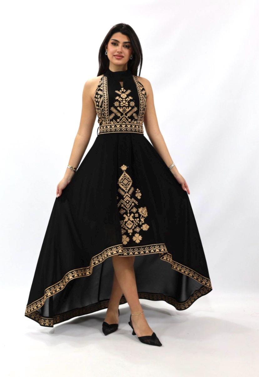 Special Occasion Dress, Embroidery Parties Dress, Heritage Palestinian Jordanian Wedding,Traditional Tatreez Thobe Embroidery, Black Gold