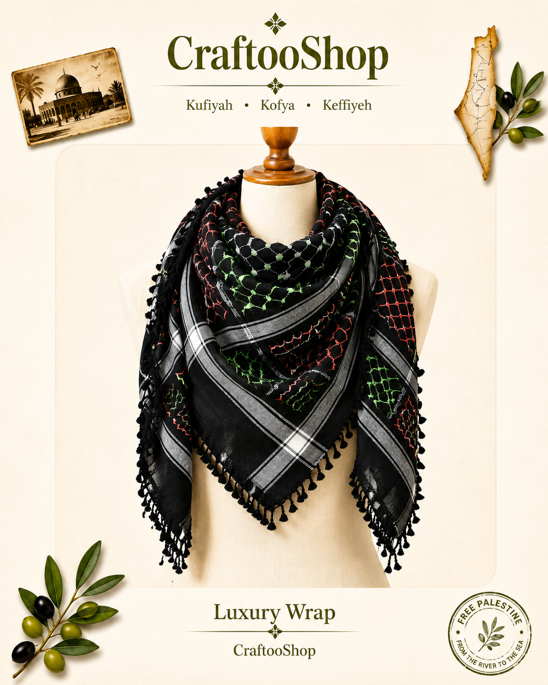 Palestine Flag Scarf, 4 mixed colors, Keffyeih Hi-Quality, Arab Hatta Scarf, Bandana Kofya Kuffyieh, BlackTassels Woven Stitched NOT Printed