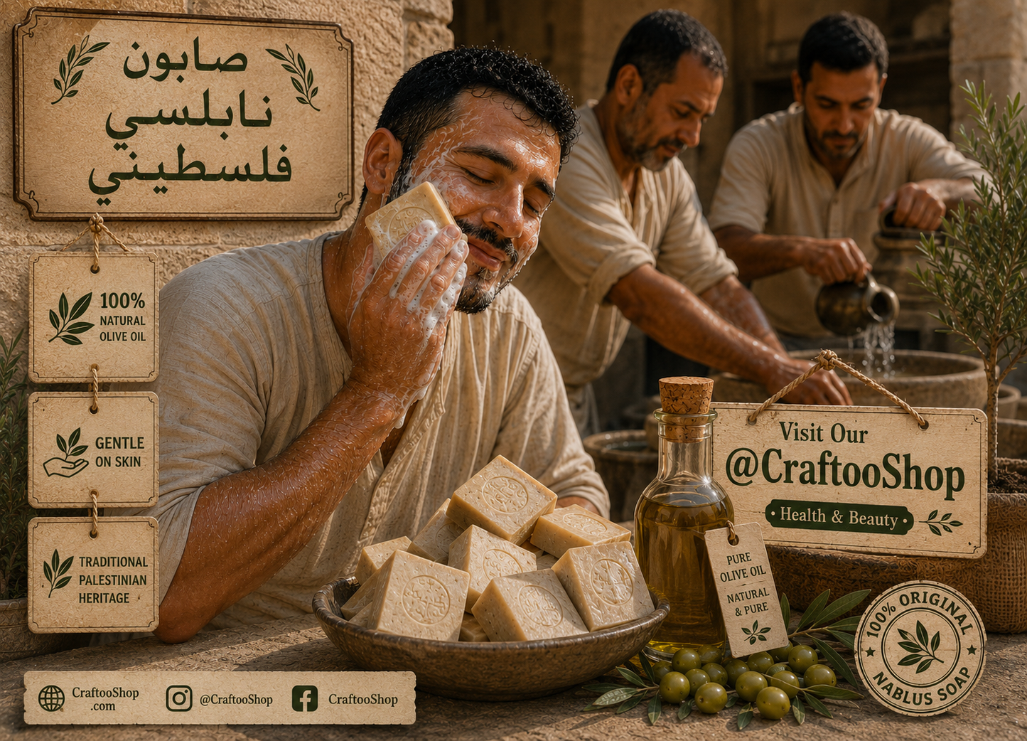 Nablus Olive Oil Soap, Natural Pure Organic Quality Healthy, Vintage Cosmetic Soap, Handmade Palestine Middle Eastern Style,1 Piece 140 Gram (Copy)