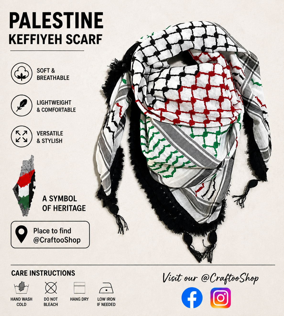 Palestine Flag Scarf, Shemagh Keffyeih Fabric Arab Bandana Kofya Hatta, Kuffyieh Woven Stitched NOT Printed, Mixed Colours, Black Tassels Or White