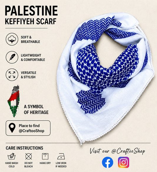 Scotland Palestine Blue Keffyieh Unique Arab Scarf Shemagh, Woven Stitched, face Cover Headwear Windproof Kuffyieh Mask, Vintage Dress Kofya Hatta Blue White