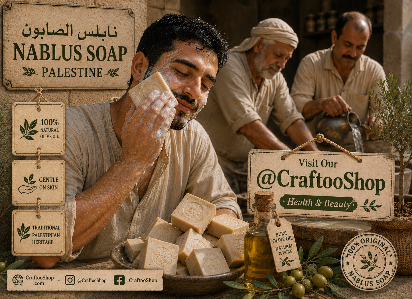 Nablus Olive Oil Soap, Natural Pure Organic Quality Healthy, Vintage Cosmetic Soap, Handmade Palestine Middle Eastern Style,1 Piece 140 Gram (Copy)