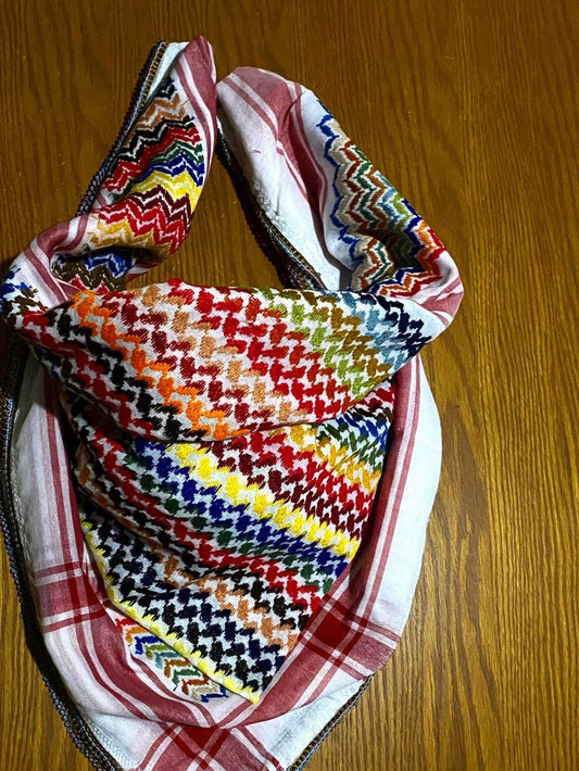 Keffiyeh Palestine Rainbow White Scarf, Unique Arab Desert Bandana face Cover, Headwear Head wrap Mask, Vintage dress Hatta