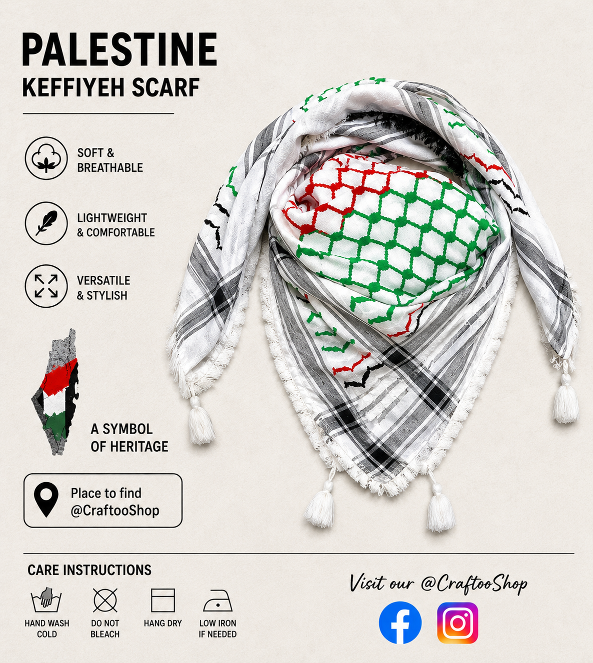 Palestine Flag Scarf, Shemagh Keffyeih Fabric Arab Bandana Kofya Hatta, Kuffyieh Woven Stitched NOT Printed, Mixed Colours, Black Tassels Or White