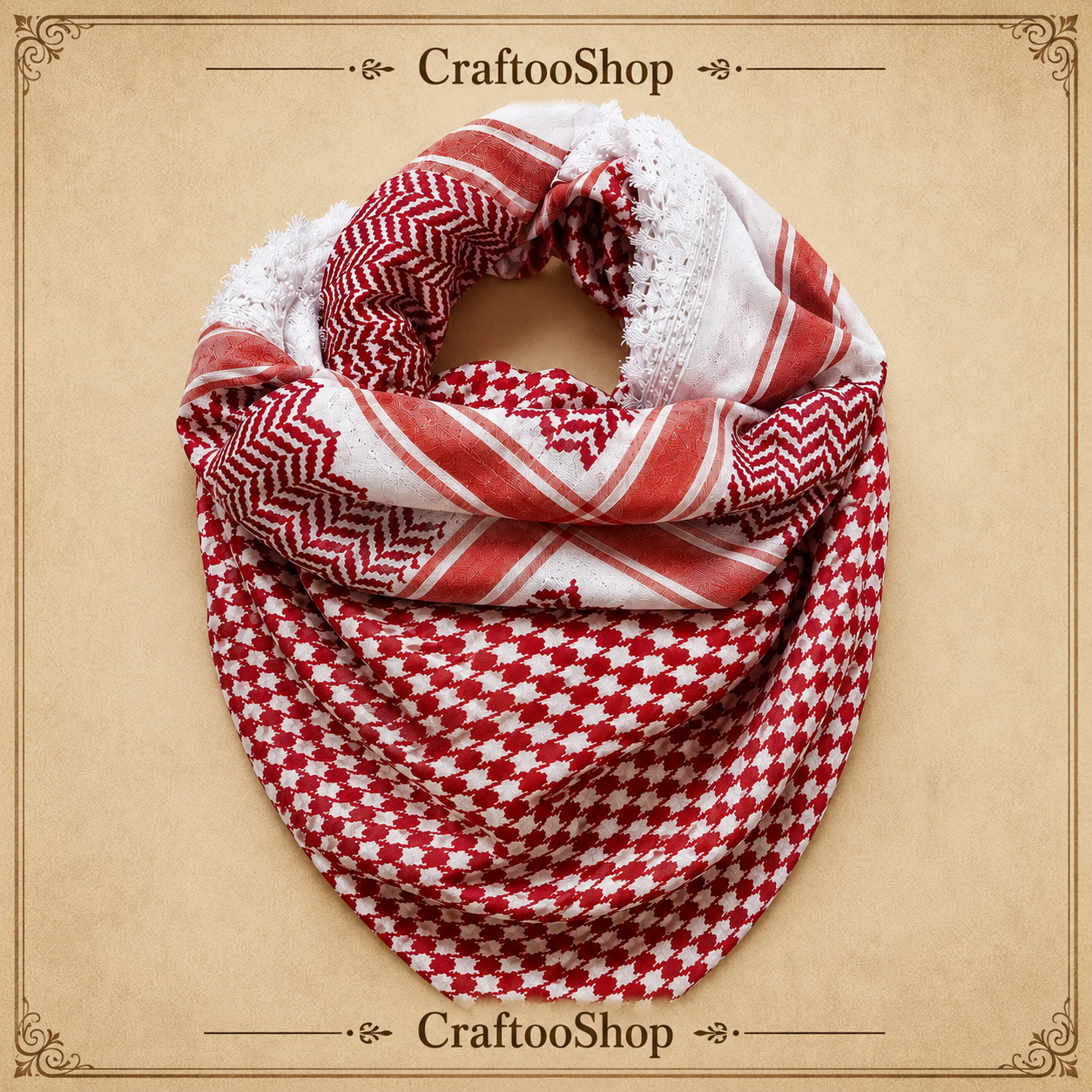 2x Pieces Red Shemagh Kuffyieh Arab Scarf, Vintage Dress, Unique Woven Stitched, Hatta Kofya HandCrafted Scarves Traditional Style Unisex FaceMask, No tassels