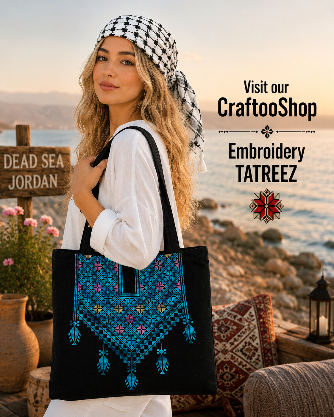 Blue Embroidery Palestine Tote Bag, Tatreez Shoulder Bag, Vintage Unique Handmade Heavy Work multi-function Zipper