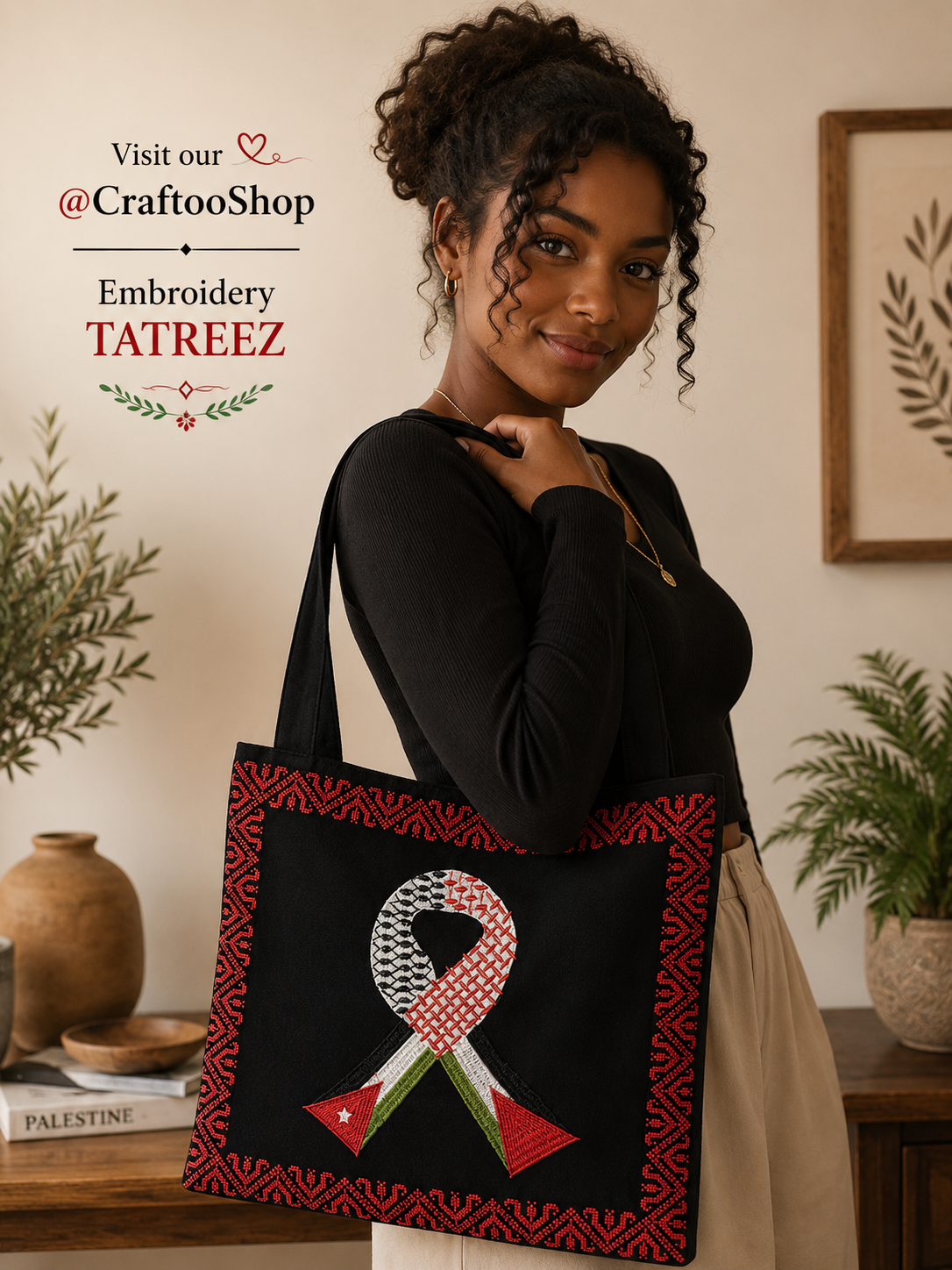 Palestine Jordan Flag Tote Bag, Embroidery Tatreez Shoulder Bag, Vintage Unique Handmade Heavy Work multi-function Zipper