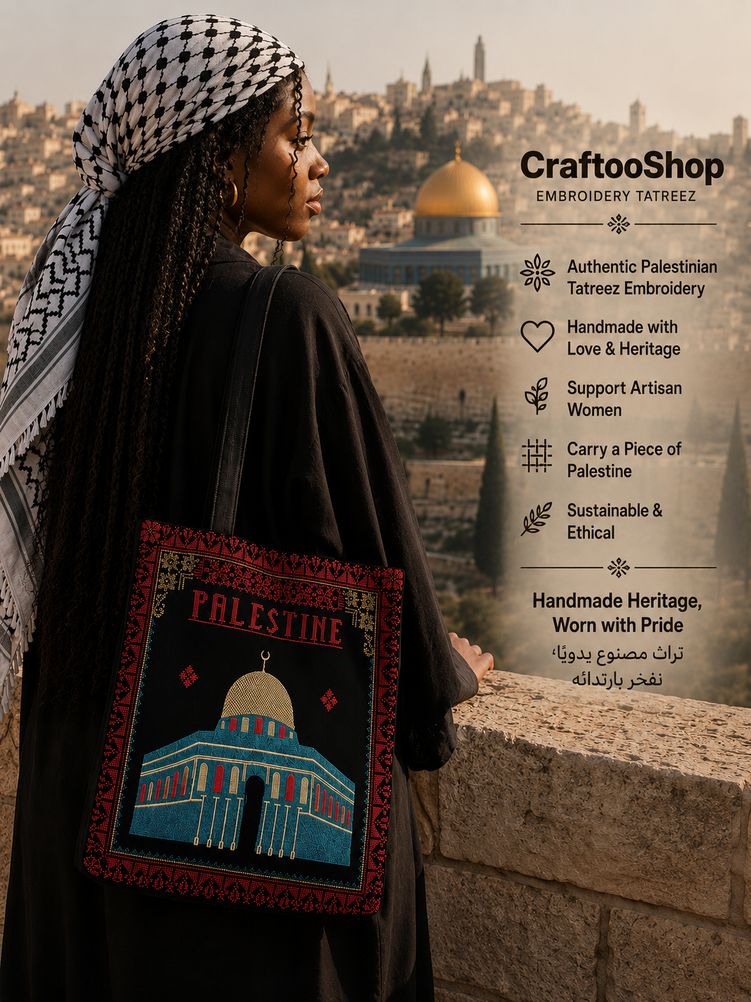 Jerusalem Embroidery Palestine Tote, Tatreez Shoulder Bag, Vintage Unique Handmade Heavy Work multi-function Zipper