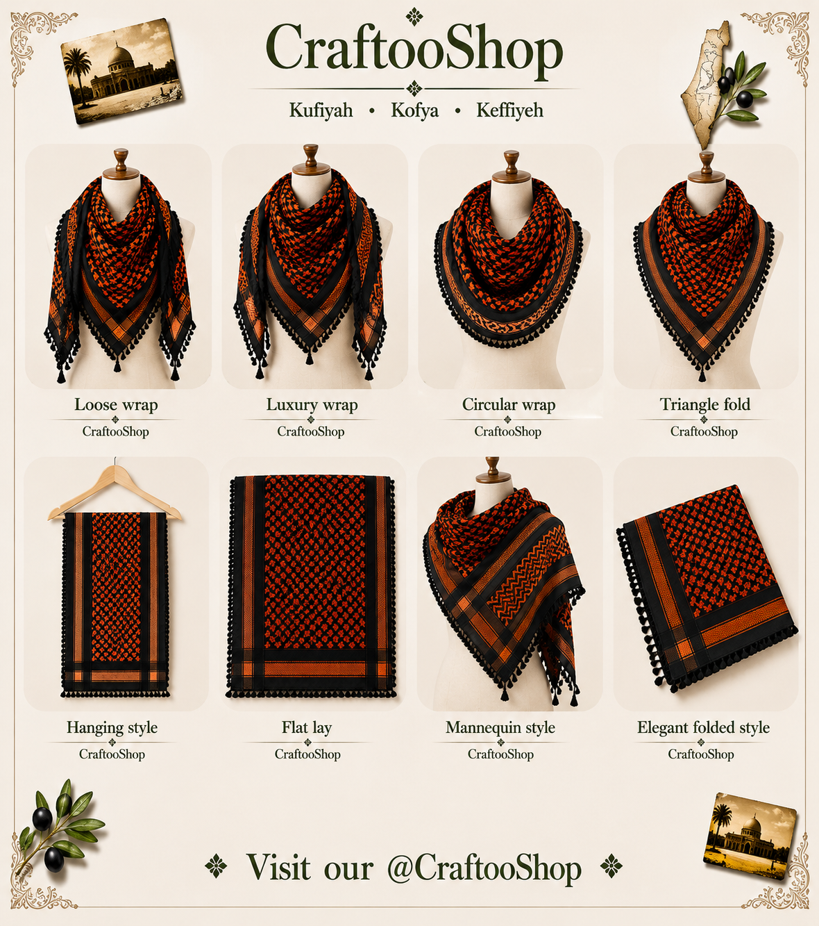 Orange Keffiyeh Scarf, Desert Bandana face Cover, Sahara Arabian Palestine Headwear, Vintage dress Hatta Shemagh Kuffyieh Mixed 2 Colours