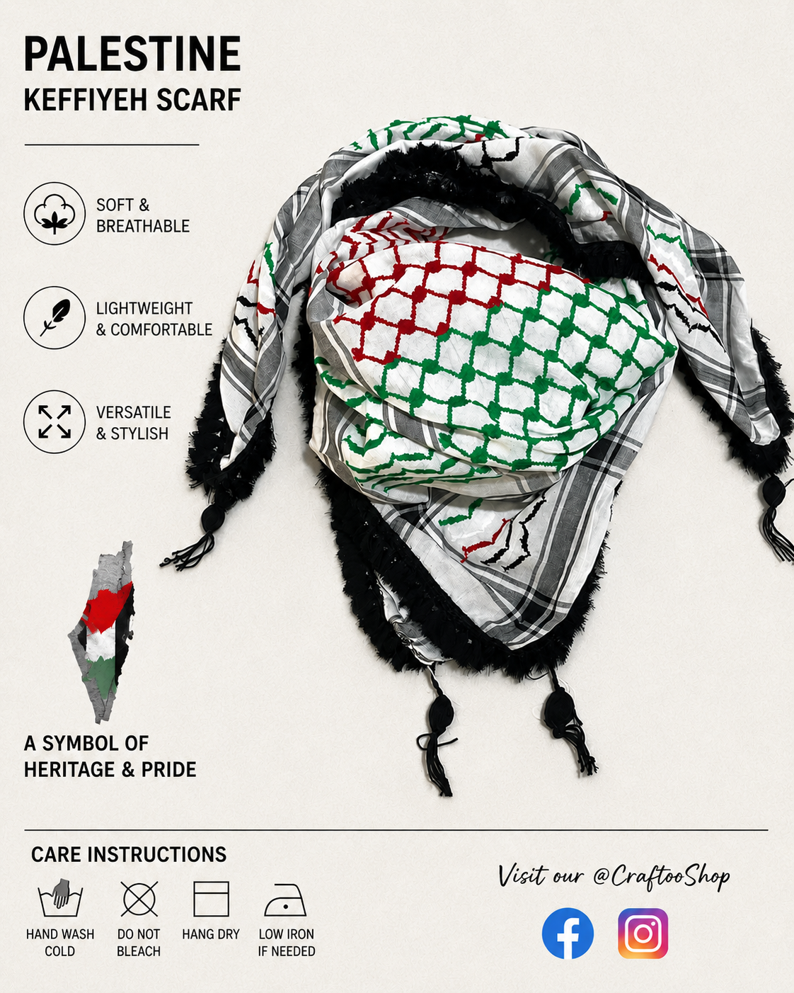 Palestine Flag Scarf, Shemagh Keffyeih Fabric Arab Bandana Kofya Hatta, Kuffyieh Woven Stitched NOT Printed, Mixed Colours, Black Tassels Or White