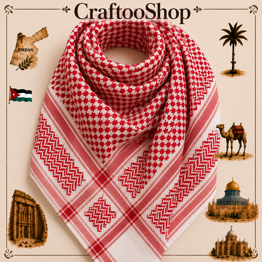 2x Pieces Red Shemagh Kuffyieh Arab Scarf, Vintage Dress, Unique Woven Stitched, Hatta Kofya HandCrafted Scarves Traditional Style Unisex FaceMask, No tassels