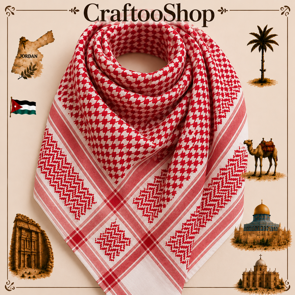 100% Cotton Palestine Arabic Scarf, Shemagh, Kuffyieh Handmade Unique Hatta White Or Red Bedouins Cover Headwear Vintage Arab Dress, 1 Piece