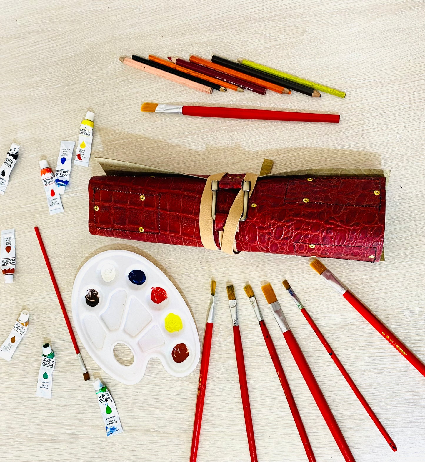 Crocodile Art Paint Roll Leather Artist Craft Brush Pencil Supply Tool Burgundy