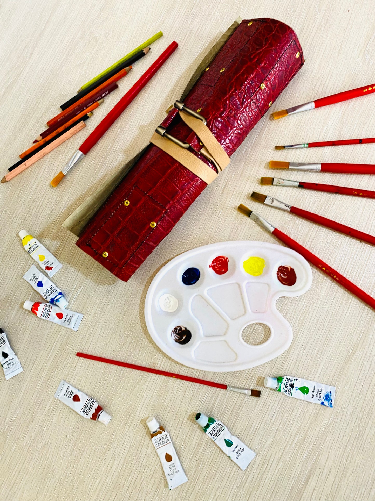 Crocodile Art Paint Roll Leather Artist Craft Brush Pencil Supply Tool Burgundy