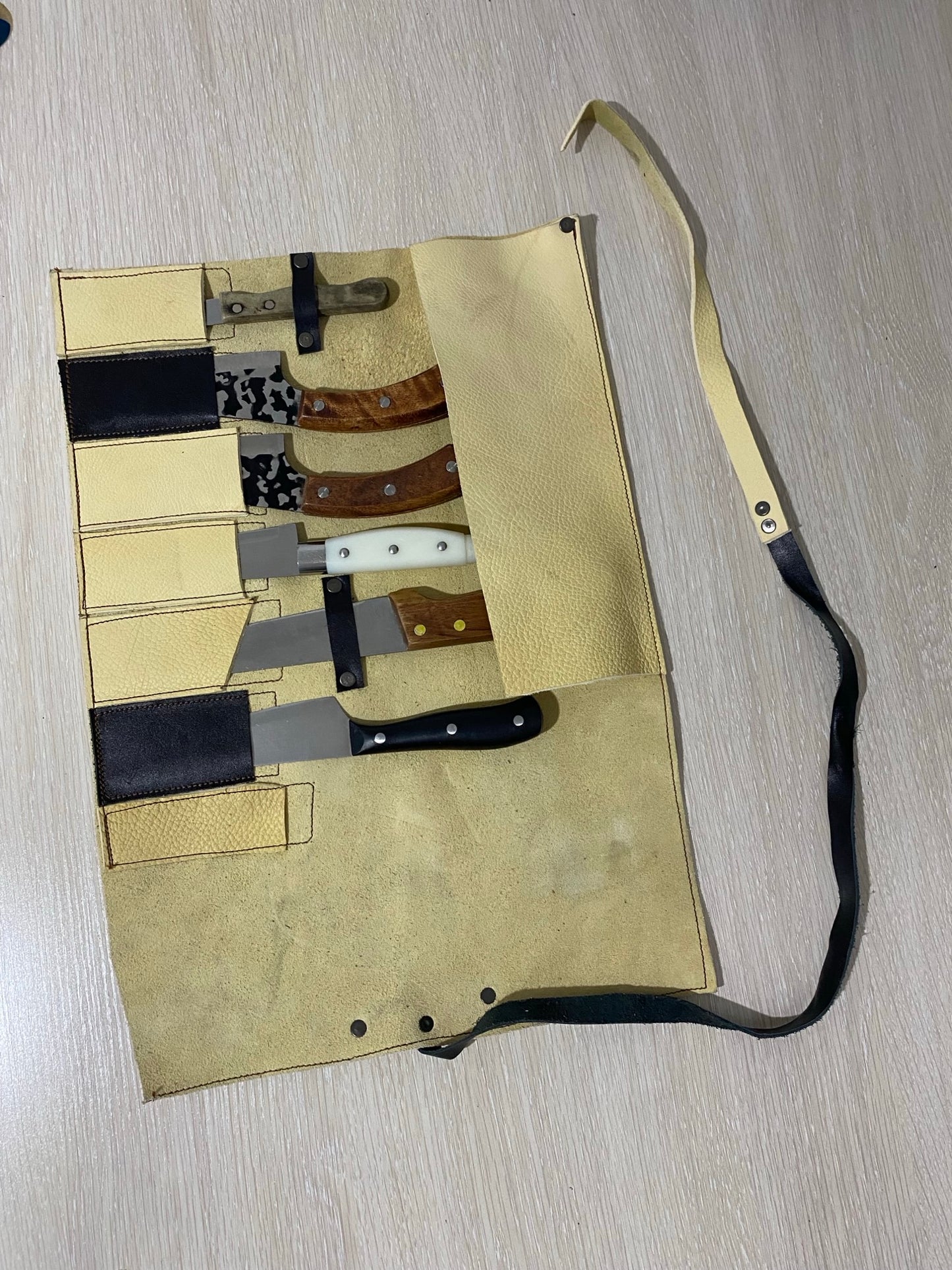 7 Slots Knife Roll, HandCrafted Chef bag, Cow Genuine Leather Knives Roll, Tools Holder Gift Kitchen Supply Beige Black Colou Size 47cmX33cm