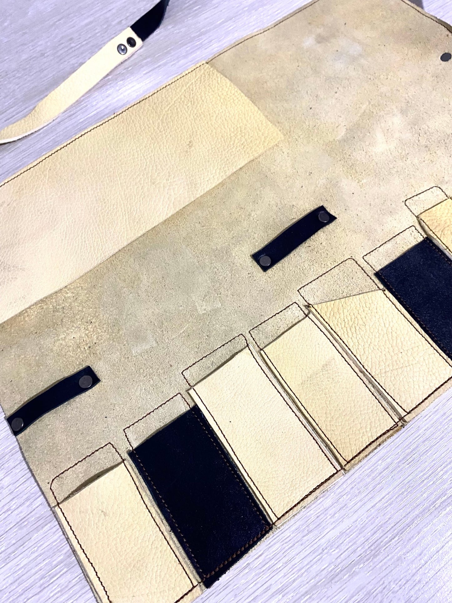 7 Slots Knife Roll, HandCrafted Chef bag, Cow Genuine Leather Knives Roll, Tools Holder Gift Kitchen Supply Beige Black Colou Size 47cmX33cm