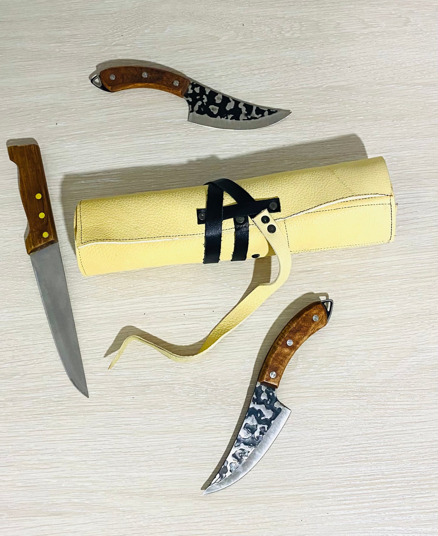 7 Slots Knife Roll, HandCrafted Chef bag, Cow Genuine Leather Knives Roll, Tools Holder Gift Kitchen Supply Beige Black Colou Size 47cmX33cm