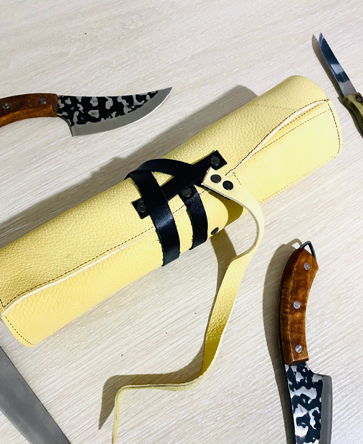7 Slots Knife Roll, HandCrafted Chef bag, Cow Genuine Leather Knives Roll, Tools Holder Gift Kitchen Supply Beige Black Colou Size 47cmX33cm