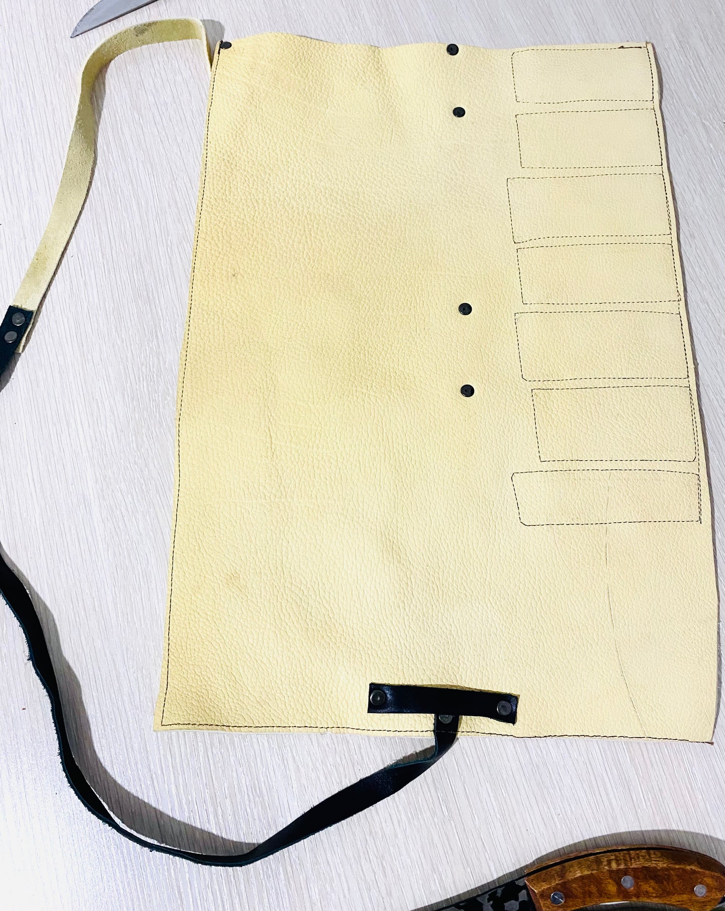 7 Slots Knife Roll, HandCrafted Chef bag, Cow Genuine Leather Knives Roll, Tools Holder Gift Kitchen Supply Beige Black Colou Size 47cmX33cm