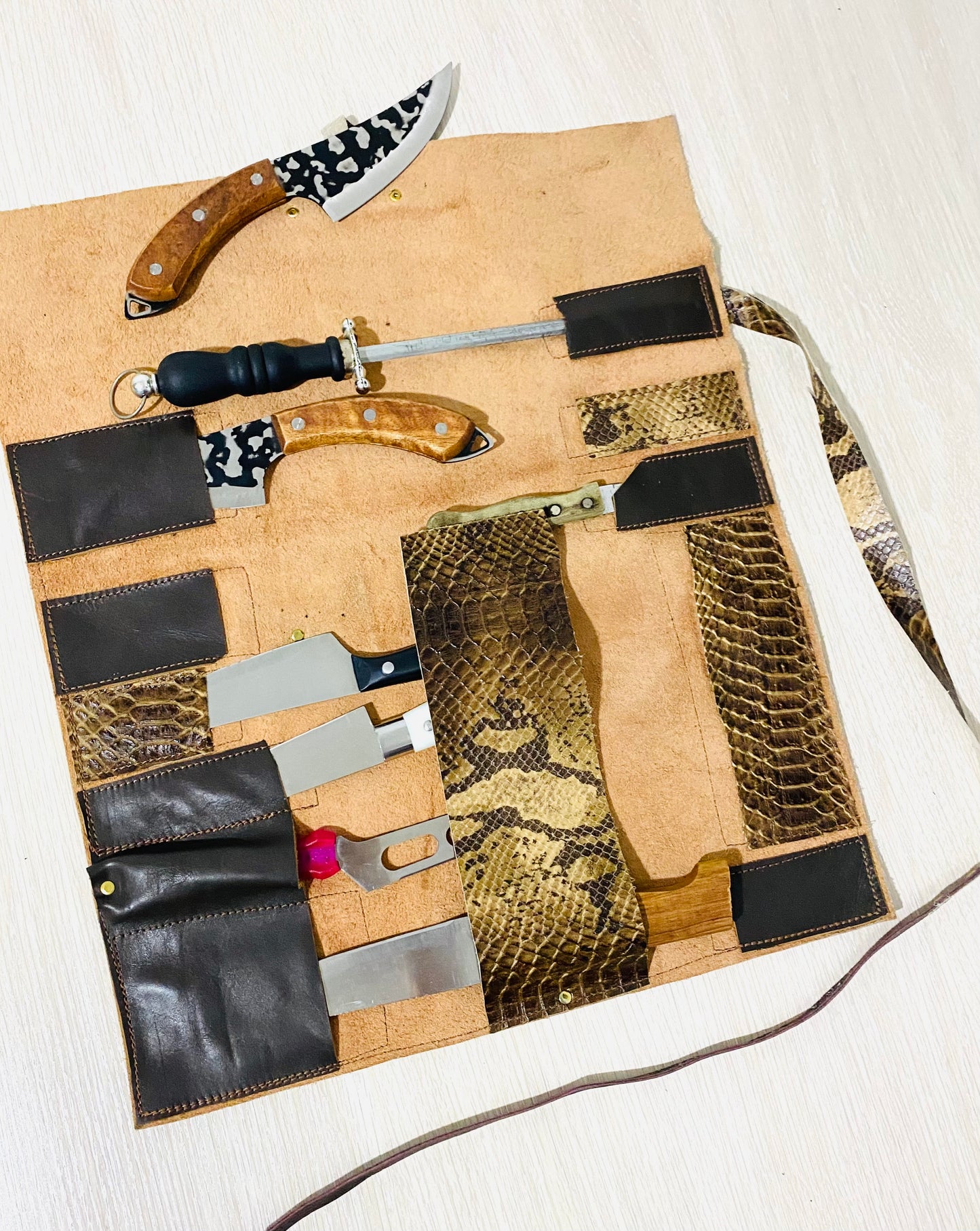 11 Slots Knife Roll, Chef bag, Cow Genuine Leather Knives Roll, Tools Chefs Gift Kitchen Supply, Snake Baige Brown colour Size 41cmX50cm