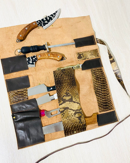 11 Slots Knife Roll, Chef bag, Cow Genuine Leather Knives Roll, Tools Chefs Gift Kitchen Supply, Snake Baige Brown colour Size 41cmX50cm