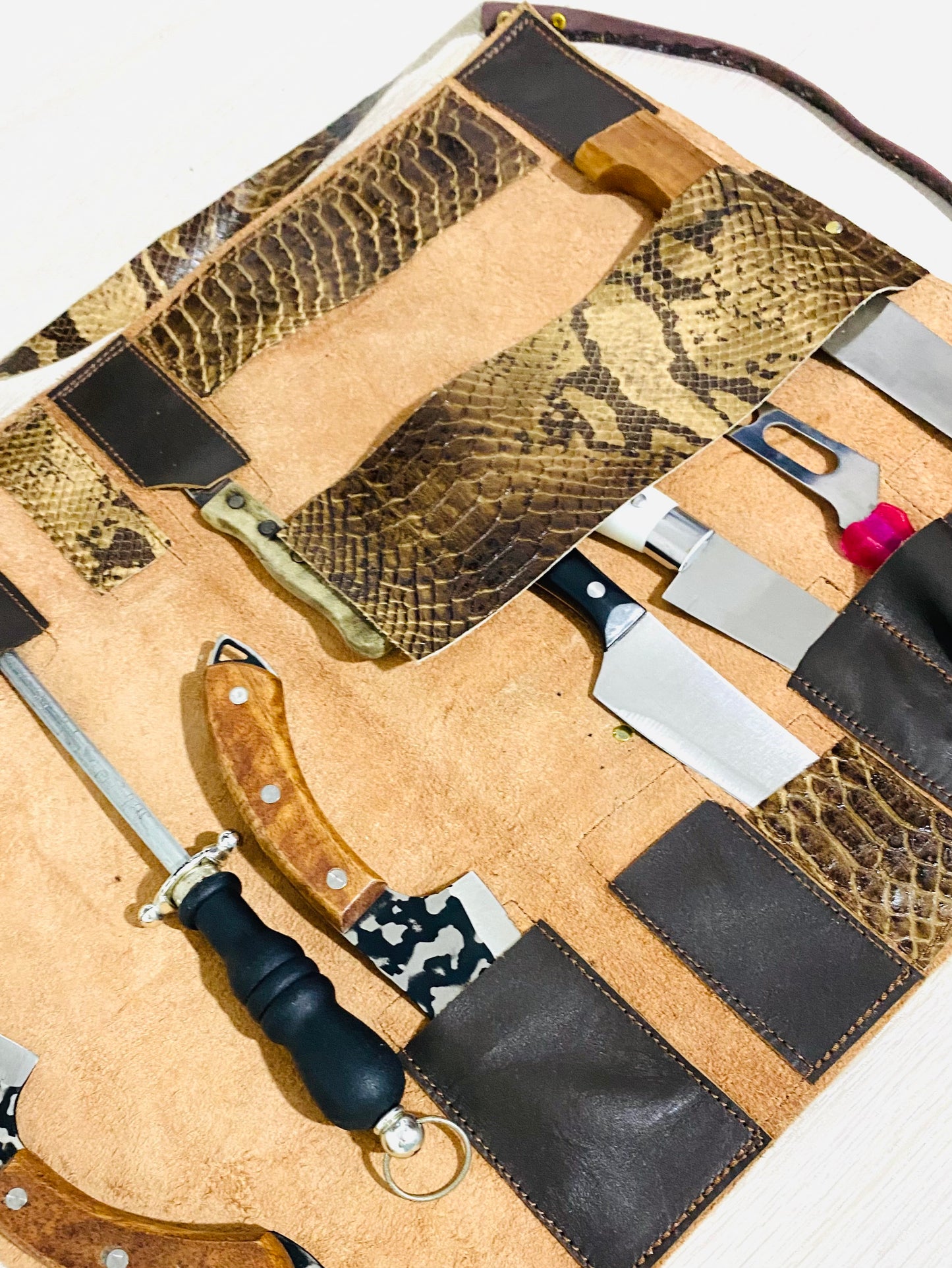 11 Slots Knife Roll, Chef bag, Cow Genuine Leather Knives Roll, Tools Chefs Gift Kitchen Supply, Snake Baige Brown colour Size 41cmX50cm