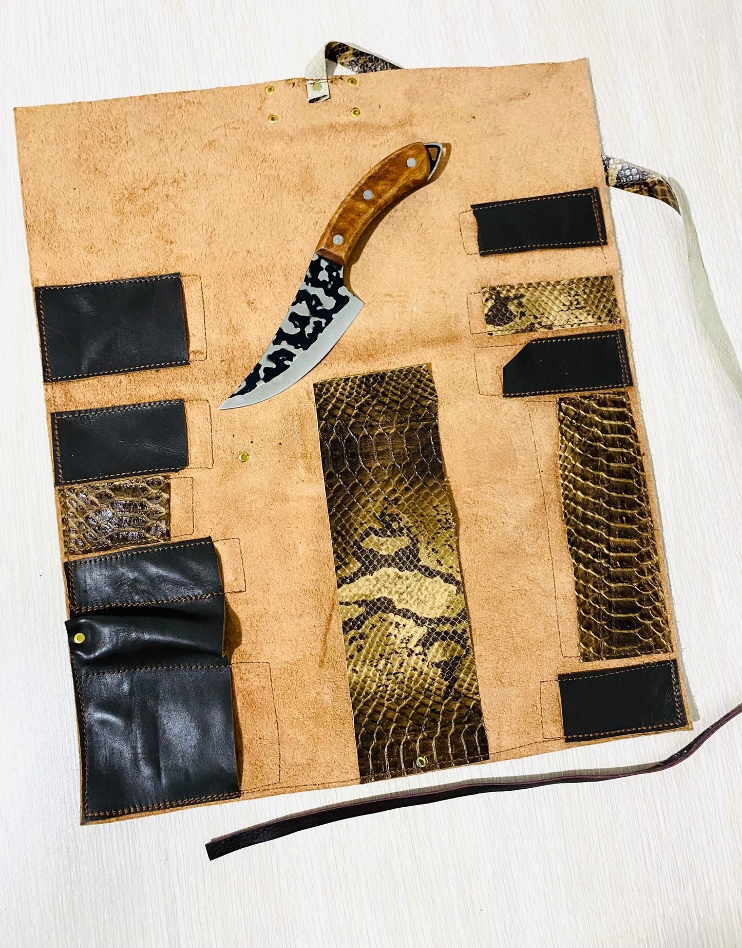 11 Slots Knife Roll, Chef bag, Cow Genuine Leather Knives Roll, Tools Chefs Gift Kitchen Supply, Snake Baige Brown colour Size 41cmX50cm