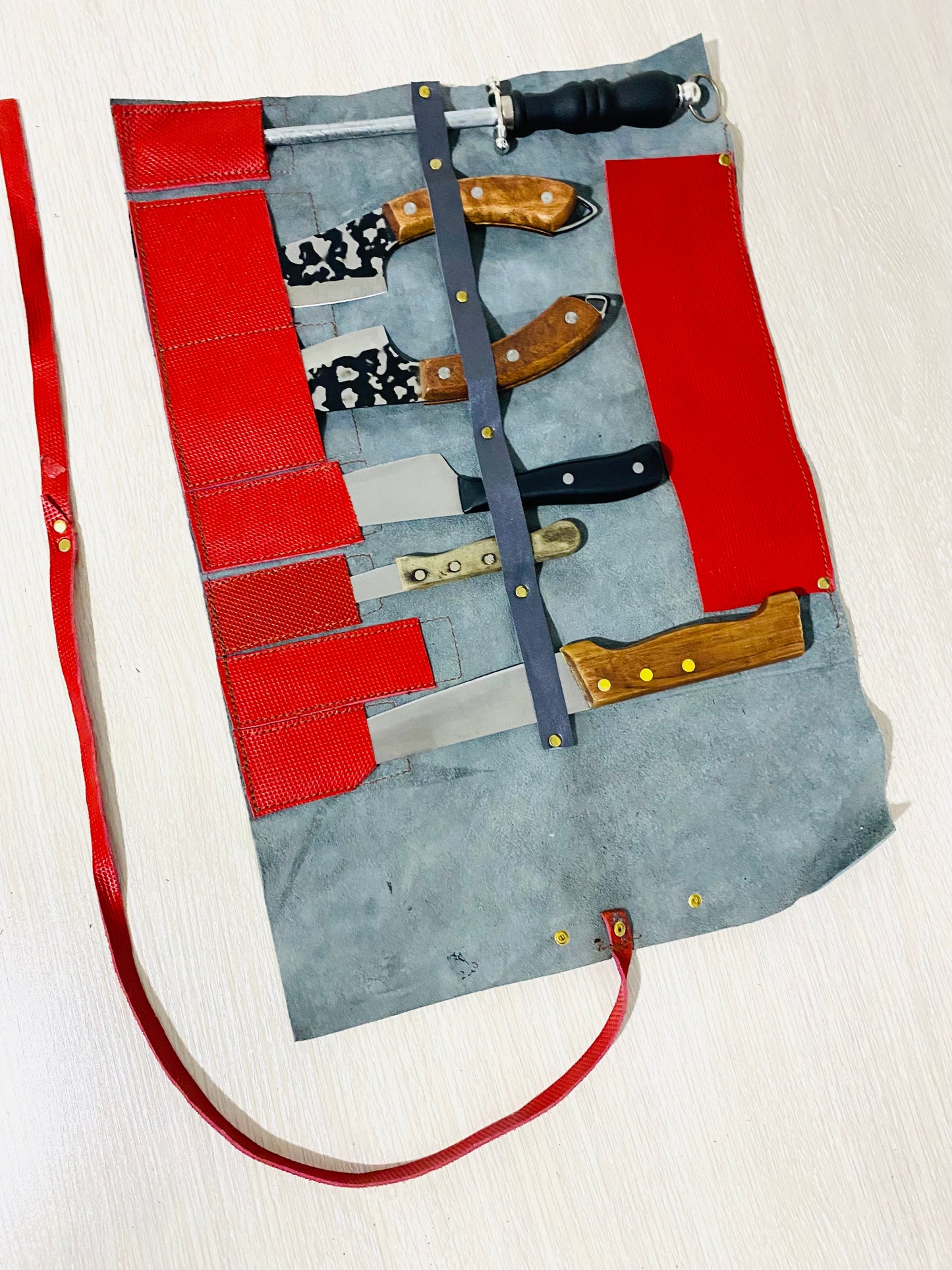 7 Slots Knife Roll, Handmade Chef bag Leather, Genuine Leather Belt Knives Roll,Tools Holder Kitchen Supply Size 9.5inch X13inch