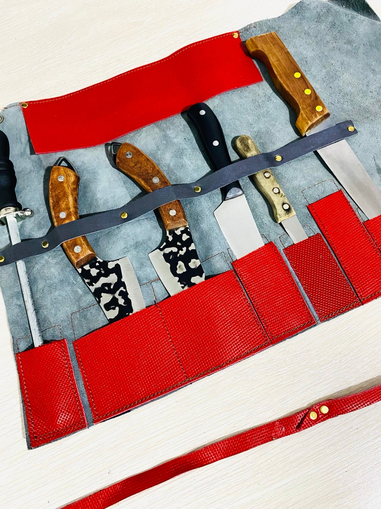 7 Slots Knife Roll, Handmade Chef bag Leather, Genuine Leather Belt Knives Roll,Tools Holder Kitchen Supply Size 9.5inch X13inch