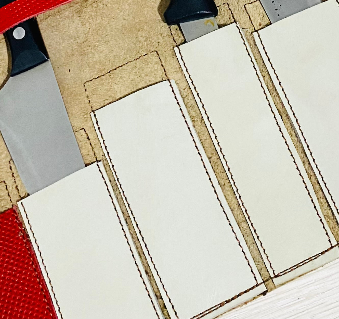Knife Roll, 8 Slots Chef bag, Cow Genuine Leather Knives Roll, Tools Chefs Gift Kitchen Supply, Strong,Mixed Beige Red Colour Size 32cmX48cm