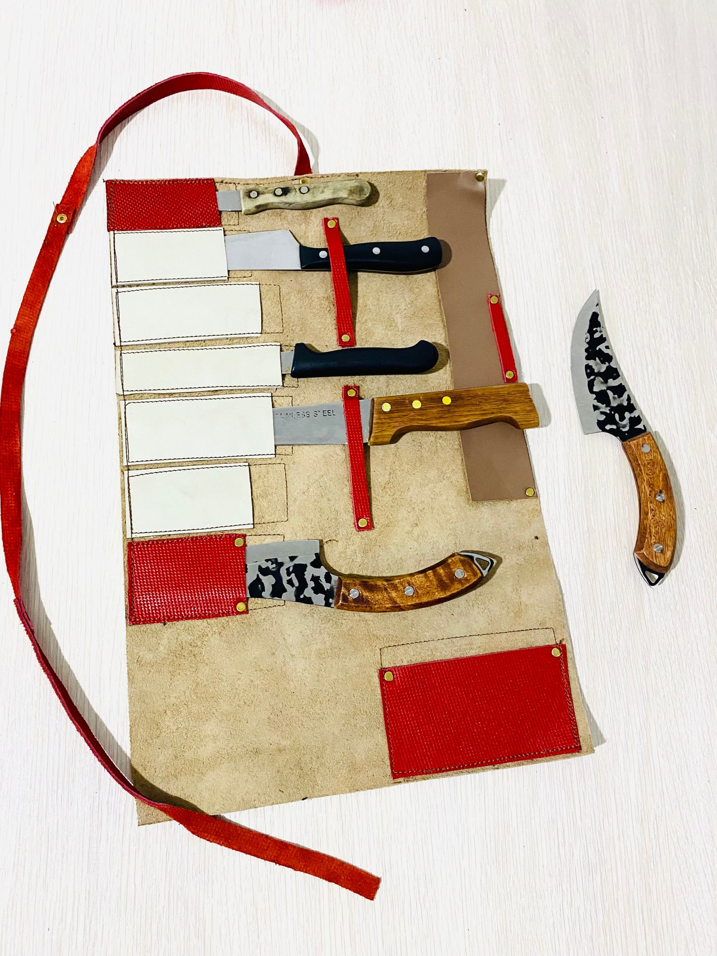 Knife Roll, 8 Slots Chef bag, Cow Genuine Leather Knives Roll, Tools Chefs Gift Kitchen Supply, Strong,Mixed Beige Red Colour Size 32cmX48cm