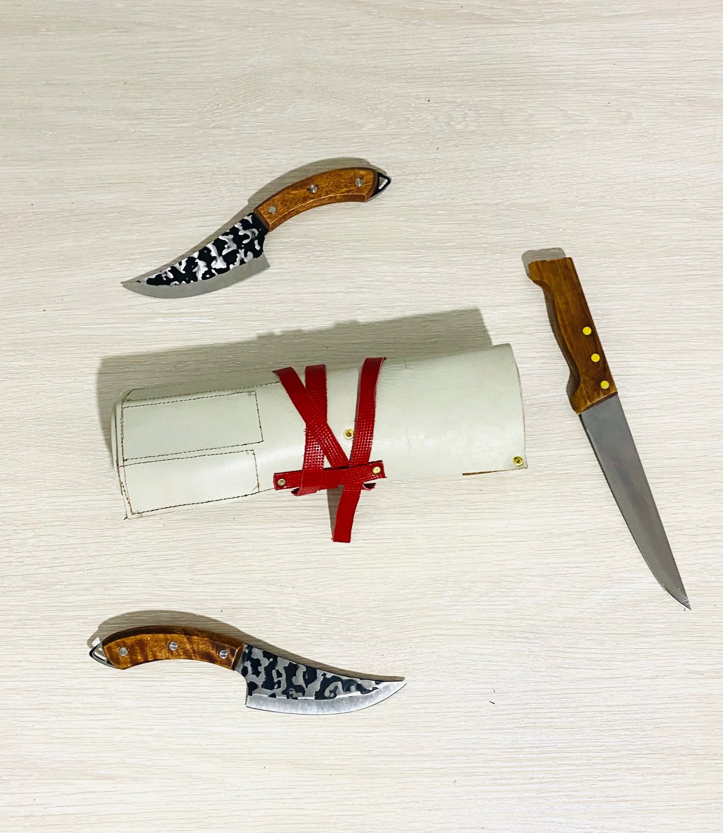 Knife Roll, 8 Slots Chef bag, Cow Genuine Leather Knives Roll, Tools Chefs Gift Kitchen Supply, Strong,Mixed Beige Red Colour Size 32cmX48cm