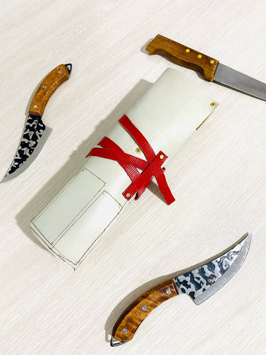 Knife Roll, 8 Slots Chef bag, Cow Genuine Leather Knives Roll, Tools Chefs Gift Kitchen Supply, Strong,Mixed Beige Red Colour Size 32cmX48cm