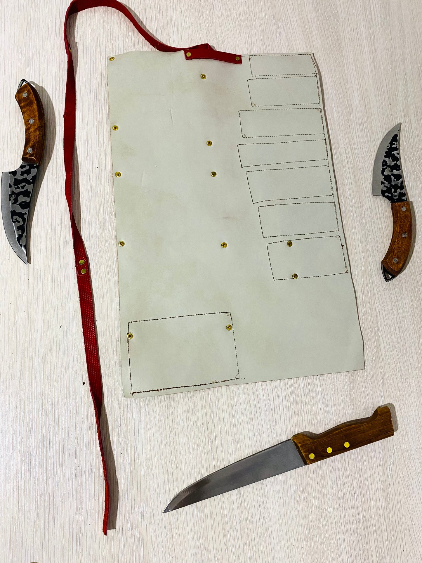 Knife Roll, 8 Slots Chef bag, Cow Genuine Leather Knives Roll, Tools Chefs Gift Kitchen Supply, Strong,Mixed Beige Red Colour Size 32cmX48cm