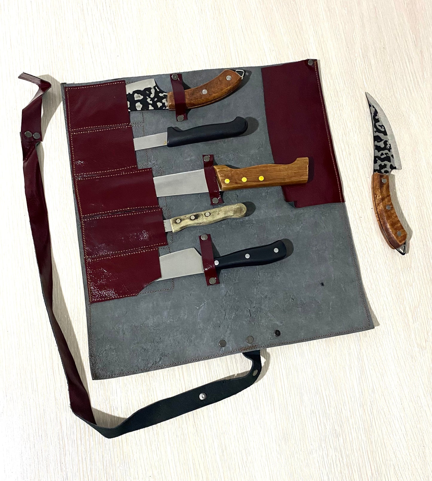 5 Slots Knife Roll, Grey Colour Handmade Chef bag, Cow Genuine Leather Knives Roll, Tools Holder Chefs Kitchen Supply Size 14inchX15.5inch