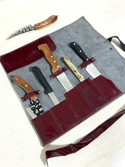 5 Slots Knife Roll, Grey Colour Handmade Chef bag, Cow Genuine Leather Knives Roll, Tools Holder Chefs Kitchen Supply Size 14inchX15.5inch